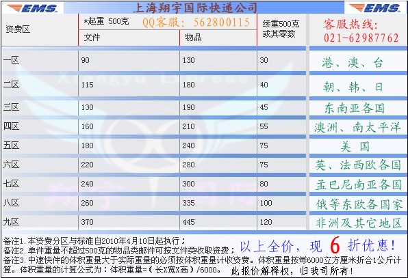 国际快递费用价格表